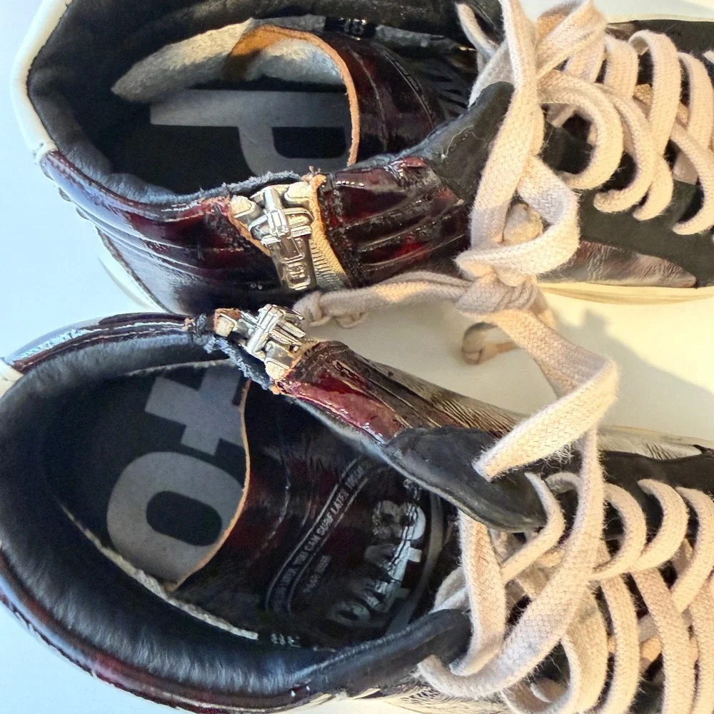 P448 Skate Burgundy Leopard Patent Leather High Top Sneakers Mens 38 Black Suede